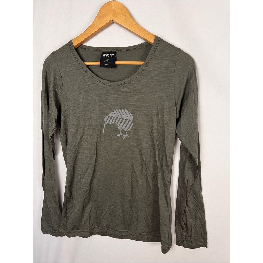 KAPEKA Women's Long-Sleeve Kiwi Graphic Tee Olive Green Size Medium
